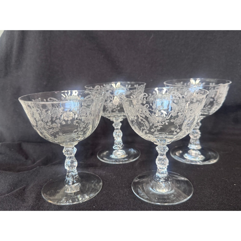 Vintage Etched Crystal Champagne Coupes Set of 4 Floral Scroll Cocktail Glasses
